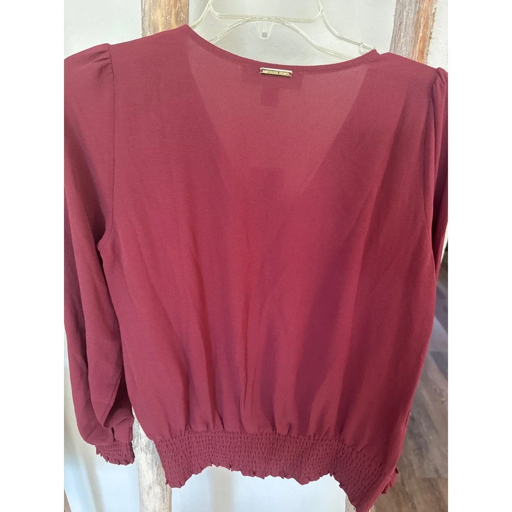 NWT‎ Michael Kors Classic V Neck Long Sleeve Cranberry Blous size XS